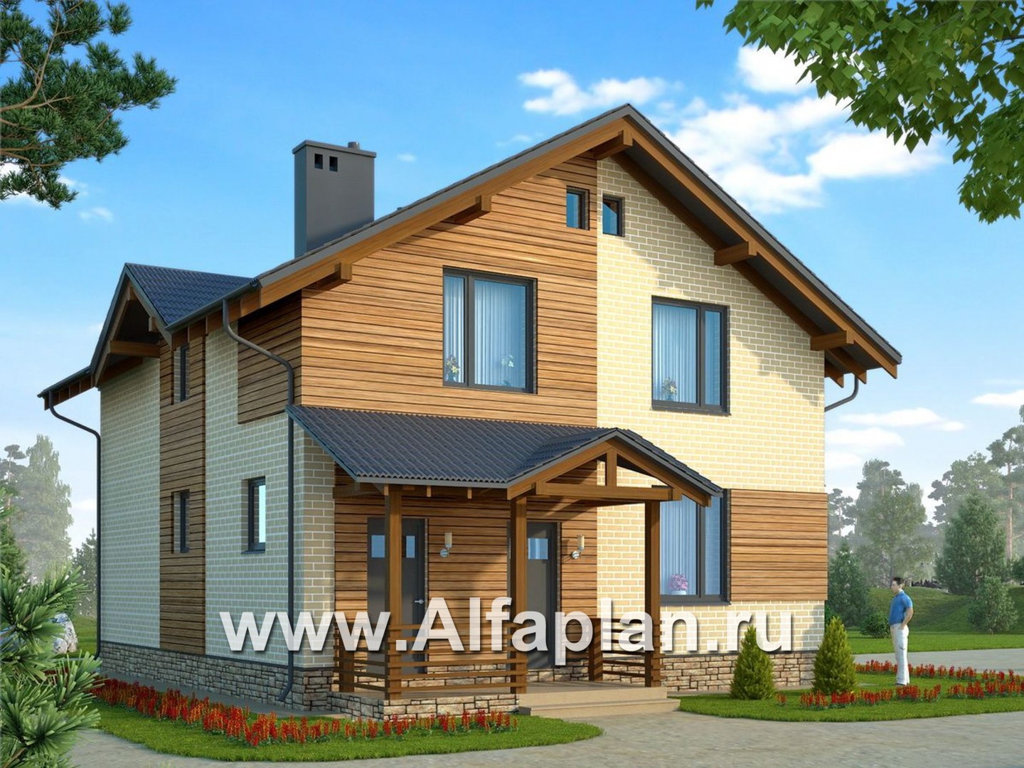 Проект дома из газобетона с мансардой, план с кабинетом на 1 эт, с камином и с эркером, в стиле шале - основное изображение