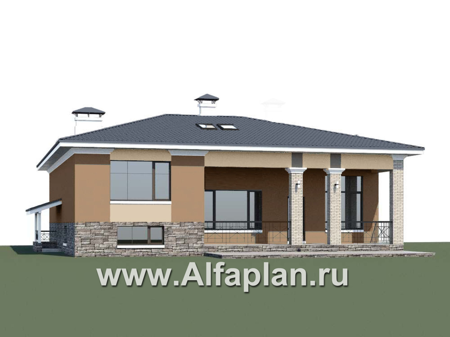 Проекты домов Альфаплан - «Суверен» - полутораэтажный коттедж с небольшим цоколем и мансардой - дополнительное изображение №1