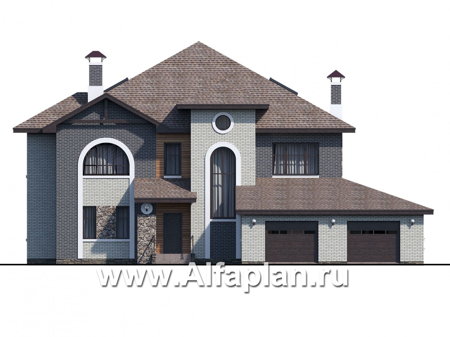 Проекты домов Альфаплан - «Демидов» - проект двухэтажного дома из кирпича, с мансардой в чердаке, с гаражом на 2 авто - изображение фасада №1