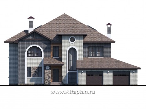 Проекты домов Альфаплан - «Демидов» - проект двухэтажного дома из кирпича, с мансардой в чердаке, с гаражом на 2 авто - превью фасада №1
