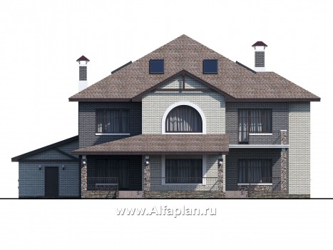 Проекты домов Альфаплан - «Демидов» - проект двухэтажного дома из кирпича, с мансардой в чердаке, с гаражом на 2 авто - превью фасада №4