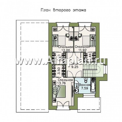 «Простор» -  проект двухэтажного дома из кирпича, планировка с высокой гостиной, в американском стиле - превью план дома