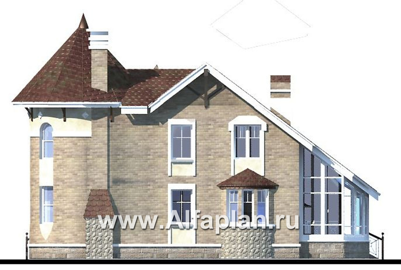 «Камелот» -  проект двухэтажного дома, с эркером башня, с террасой и с гаражом, в стиле замка - фасад дома