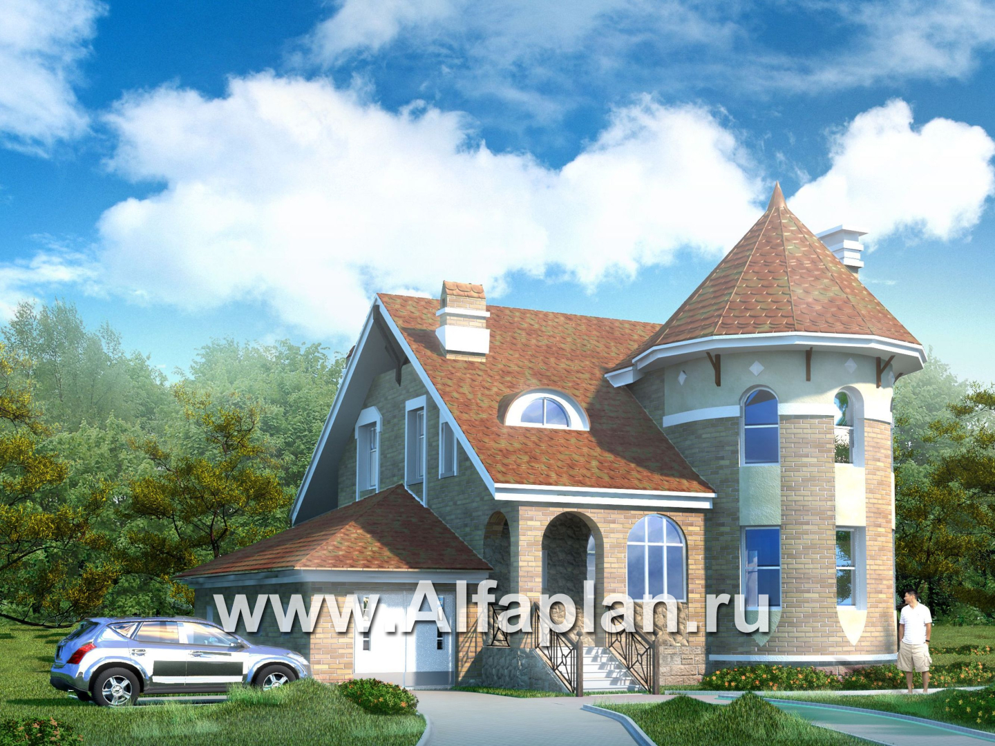 Проекты домов Альфаплан - «Камелот» -  загородный дом с угловой «башней» - основное изображение