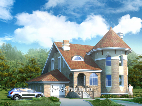 «Камелот» -  проект двухэтажного дома, с эркером башня, с террасой и с гаражом, в стиле замка - превью дополнительного изображения №1