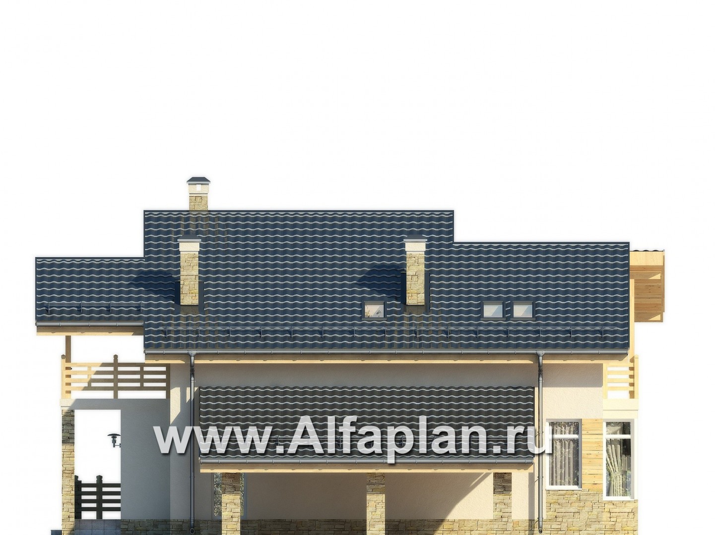 Проекты домов Альфаплан - Современный коттедж с террасами и навесом для авто - изображение фасада №2