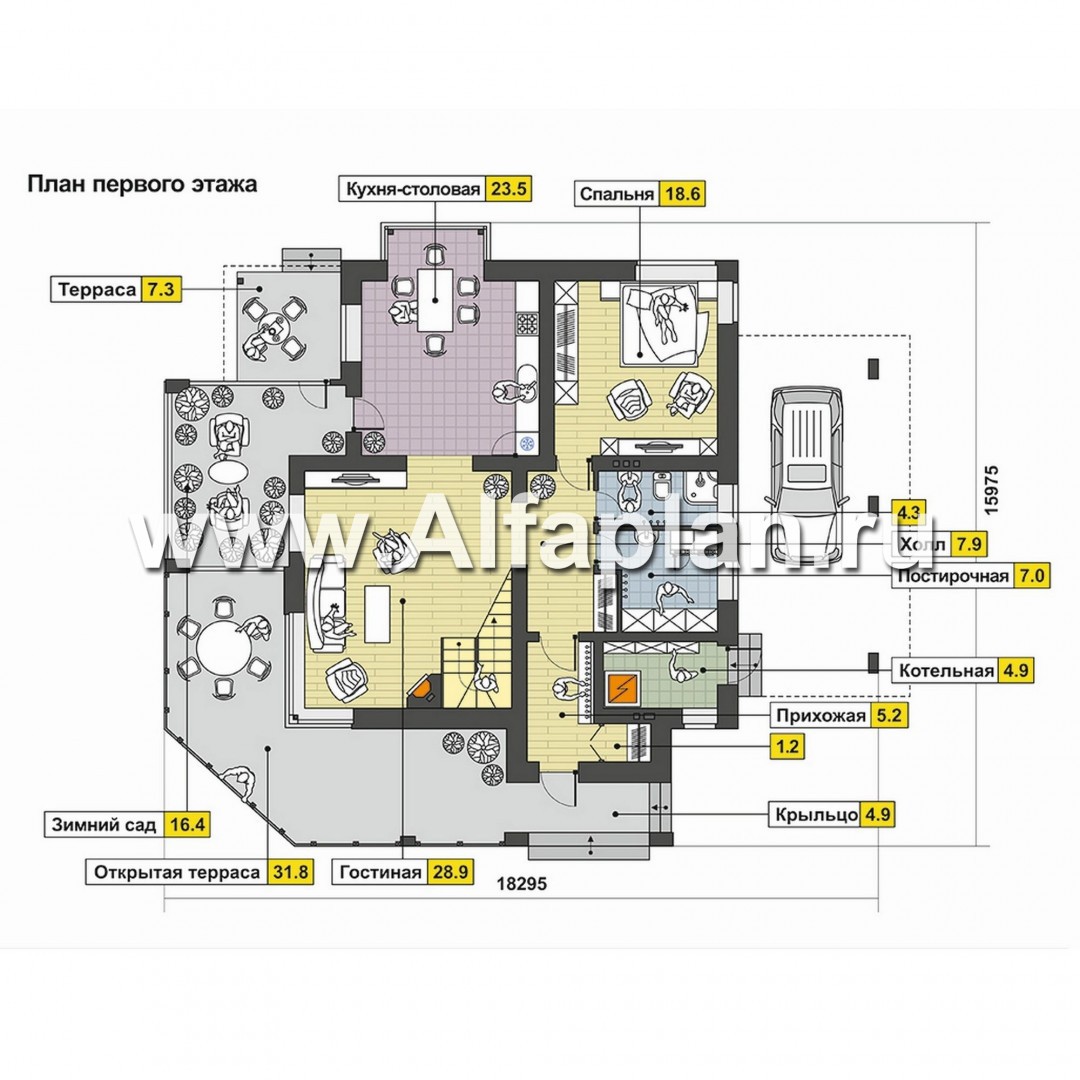 Проекты домов Альфаплан - Современный коттедж с террасами и навесом для авто - план проекта №1