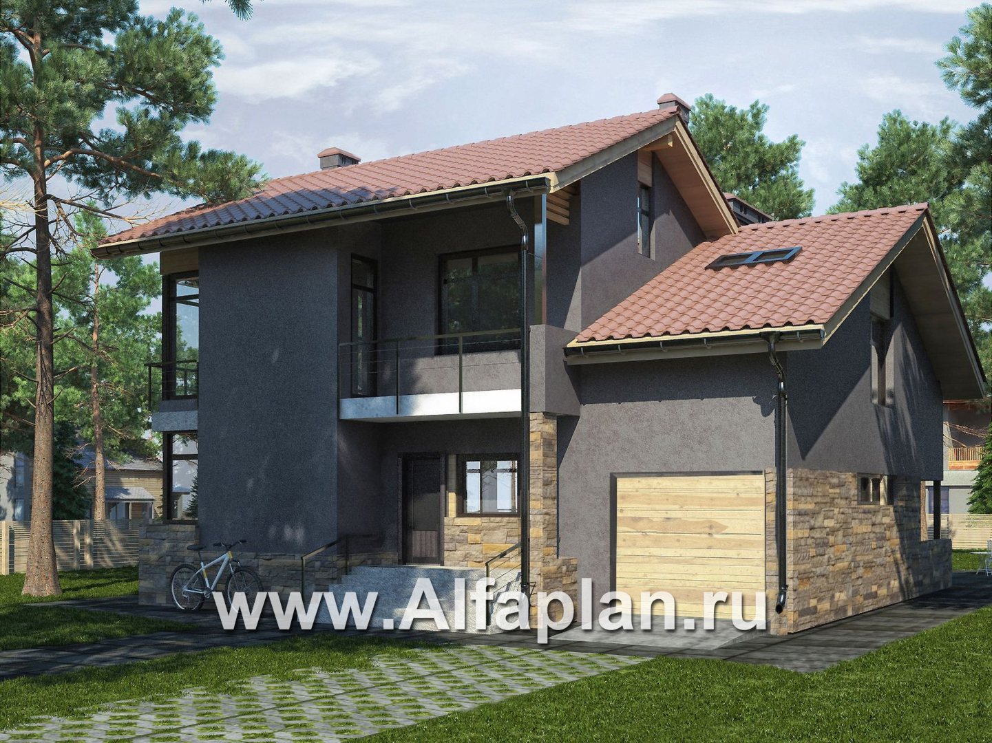 Проекты домов Альфаплан - Современный коттедж с гаражом и бильярдной - основное изображение