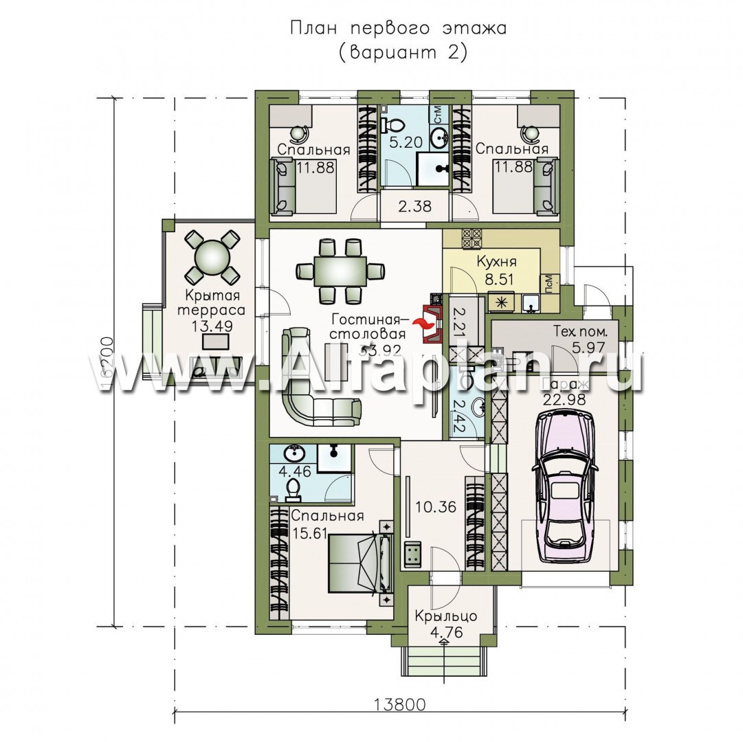 Проекты домов Альфаплан - «Пассия» - одноэтажный коттедж с гаражом и террасой - план проекта №2
