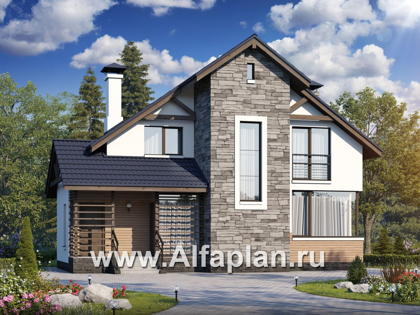 Проекты домов Альфаплан - Кирпичный дом «Валаам» с мансардой - основное изображение