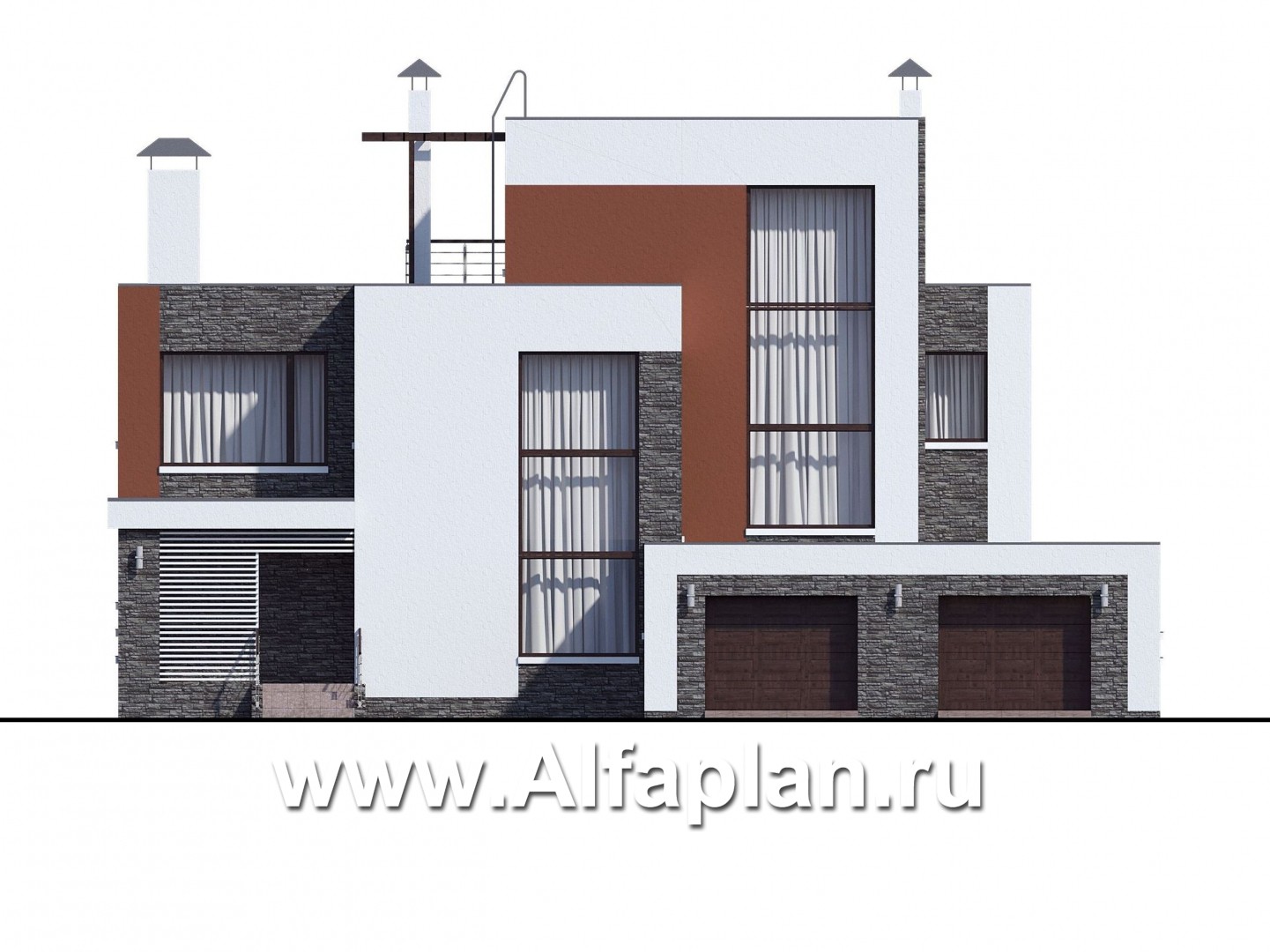 Проекты домов Альфаплан - « Альстер» — проект двухэтажного дома в стиле хай-тек, элитая вилла, навес на 2 авто - изображение фасада №1