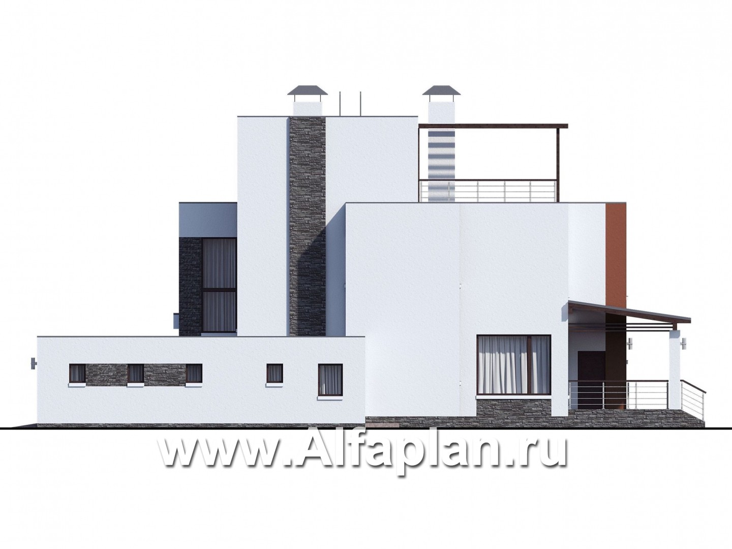 Проекты домов Альфаплан - « Альстер» — проект двухэтажного дома в стиле хай-тек, элитая вилла, навес на 2 авто - изображение фасада №2