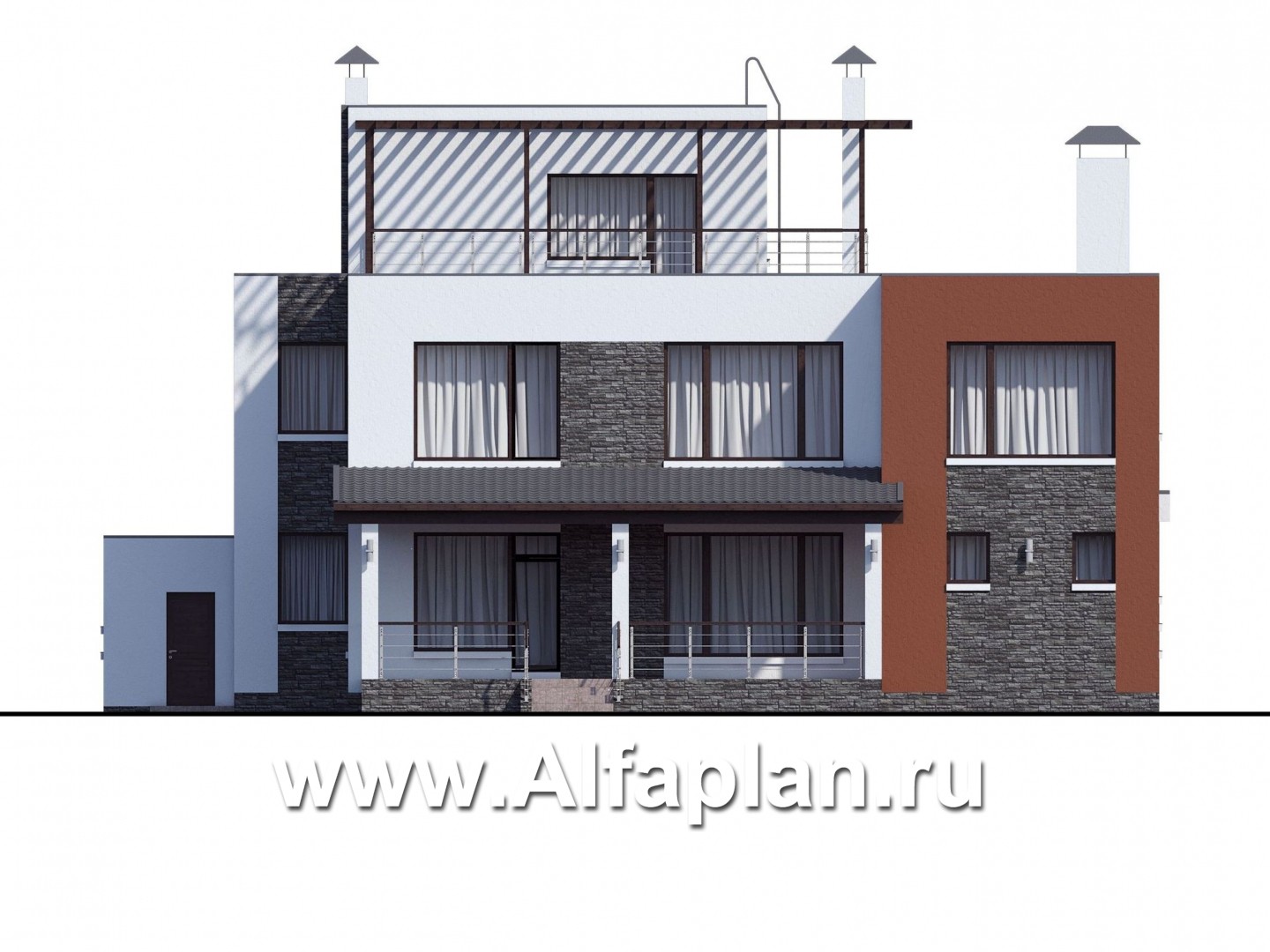 Проекты домов Альфаплан - « Альстер» — проект двухэтажного дома в стиле хай-тек, элитая вилла, навес на 2 авто - изображение фасада №4