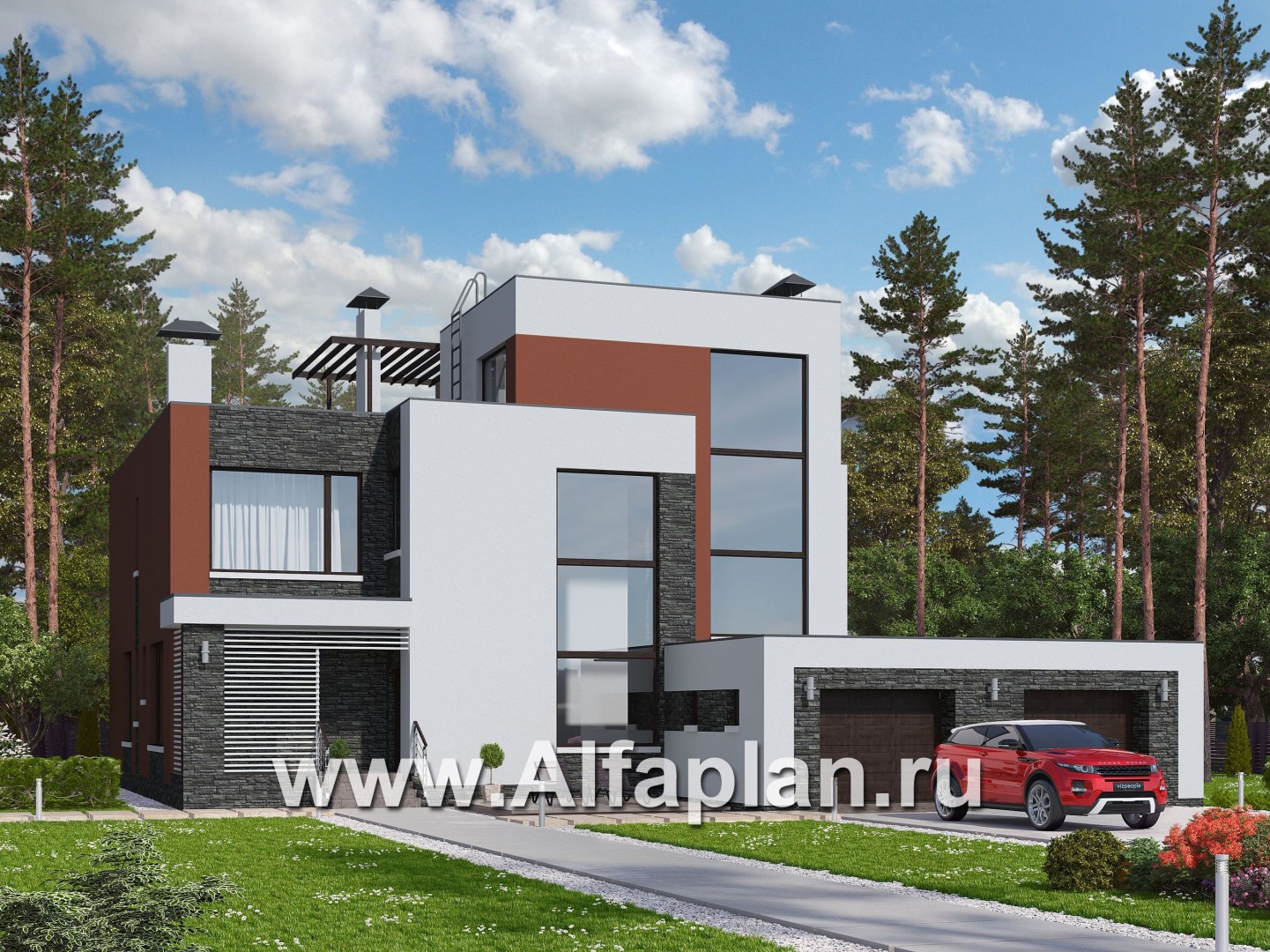 Проекты домов Альфаплан - « Альстер» — проект двухэтажного дома в стиле хай-тек, элитая вилла, навес на 2 авто - основное изображение