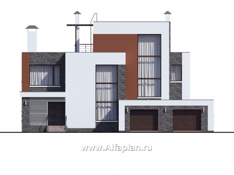 Проекты домов Альфаплан - « Альстер» — проект двухэтажного дома в стиле хай-тек, элитая вилла, навес на 2 авто - превью фасада №1