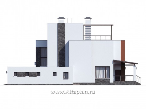 Проекты домов Альфаплан - « Альстер» — проект двухэтажного дома в стиле хай-тек, элитая вилла, навес на 2 авто - превью фасада №2