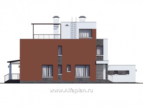 Проекты домов Альфаплан - « Альстер» — проект двухэтажного дома в стиле хай-тек, элитая вилла, навес на 2 авто - превью фасада №3