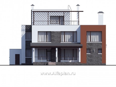 Проекты домов Альфаплан - « Альстер» — проект двухэтажного дома в стиле хай-тек, элитая вилла, навес на 2 авто - превью фасада №4