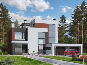 Проекты домов Альфаплан - « Альстер» — проект двухэтажного дома в стиле хай-тек, элитая вилла, навес на 2 авто - превью основного изображения