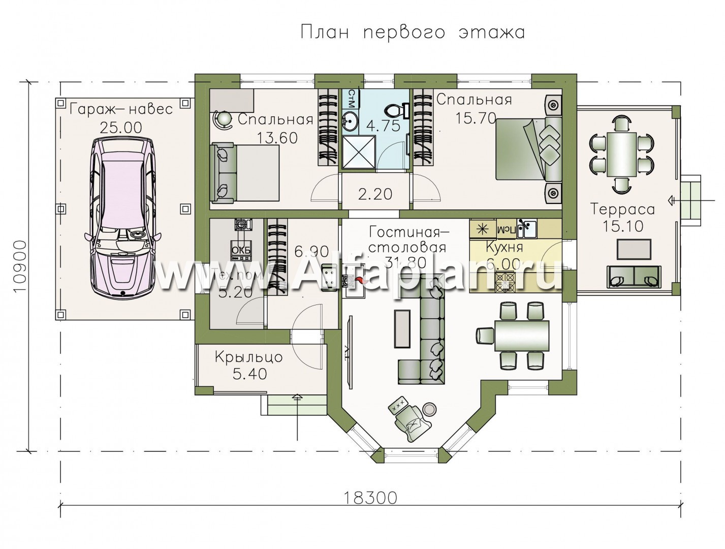 Проекты домов Альфаплан - «Гемера» - стильный одноэтажный дом с эркером и гаражом-навесом - изображение плана проекта №1