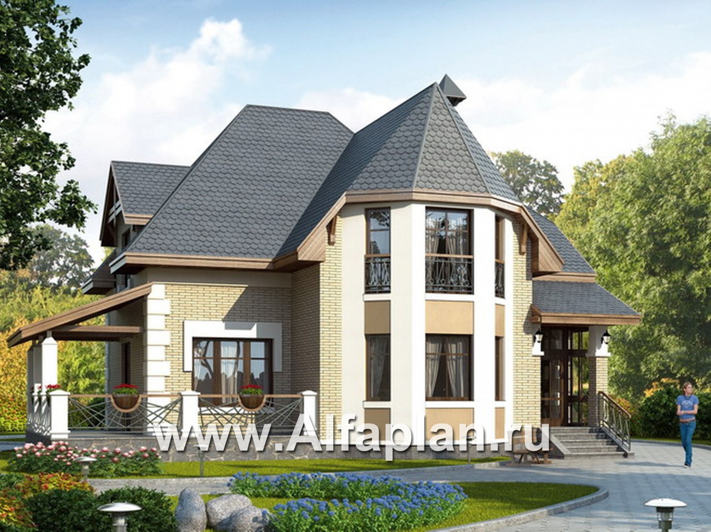 Проекты домов Альфаплан - «Клио» - коттедж с угловой террасой - основное изображение