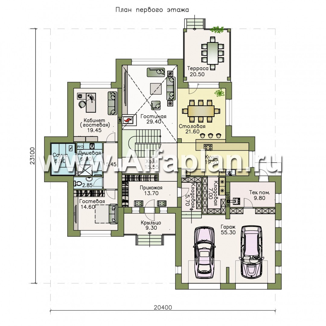 Проекты домов Альфаплан - «Дунай»   — вилла с двусветной гостиной и большим гаражом - план проекта №1