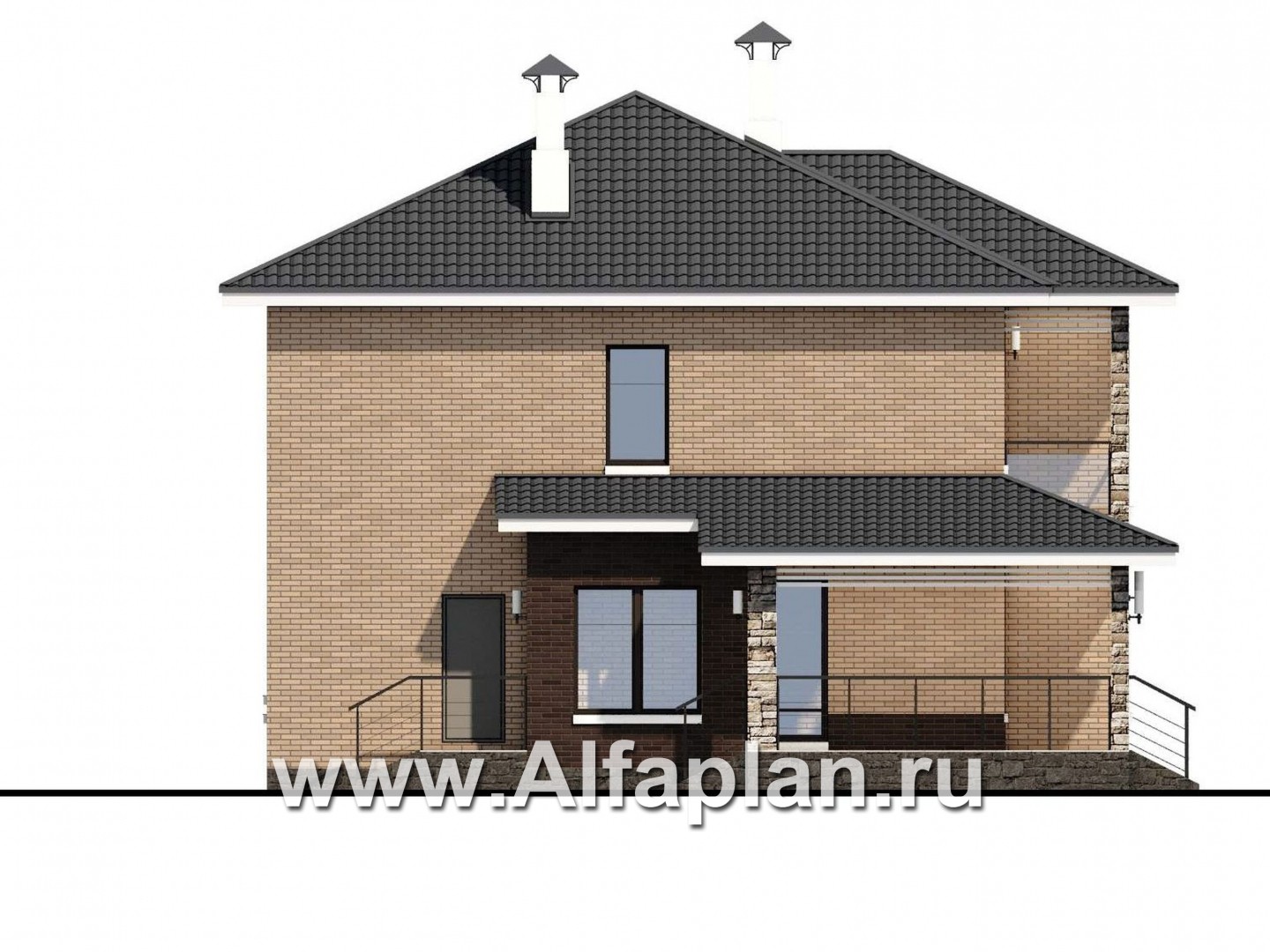 Проекты домов Альфаплан - «Роман с камнем» — двухэтажный коттедж с двусветной гостиной - изображение фасада №3