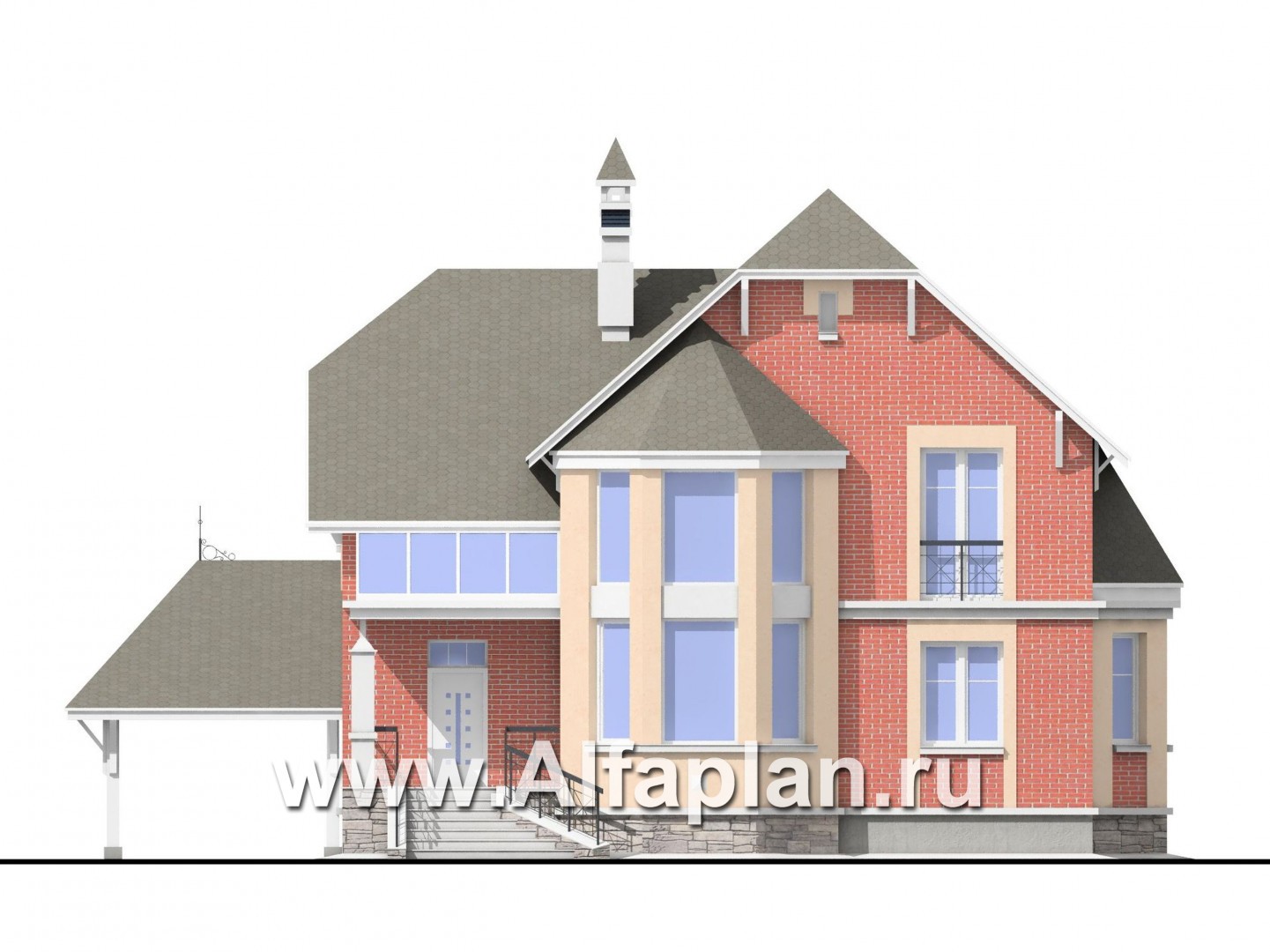 Проекты домов Альфаплан - «Фаворит» - коттедж с эркером и навесом для машины - изображение фасада №1