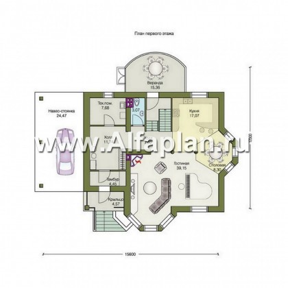 Проекты домов Альфаплан - «Фаворит» - коттедж с эркером и навесом для машины - превью плана проекта №1