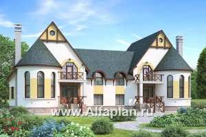 Проекты домов Альфаплан - «Онегин» - дуплекс (дом на две семьи) в стиле замка - превью основного изображения
