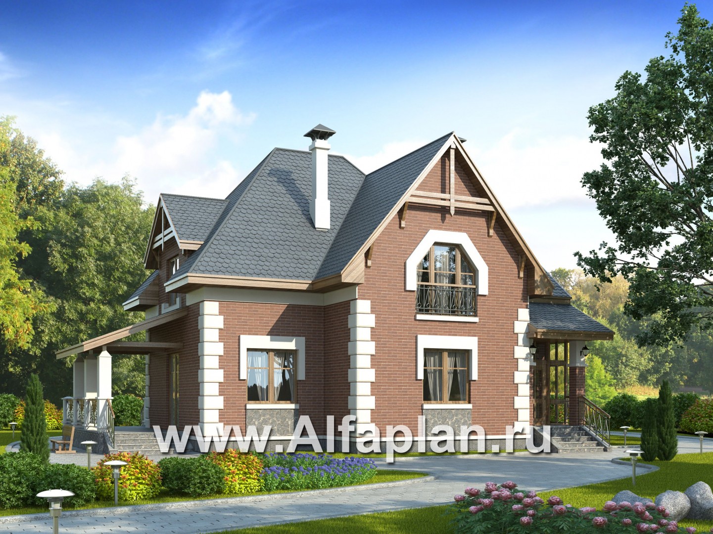 Проекты домов Альфаплан - «Клио» - небольшой дом с угловой террасой - основное изображение