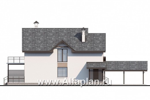 Проекты домов Альфаплан - «Гольфстрим» - дом с навесом для 2-х машин для узкого участка - превью фасада №3