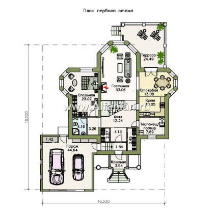 Проекты домов Альфаплан - «Петровское барокко»- двухэтажный коттедж с гаражом на два автомобиля - превью плана проекта №1