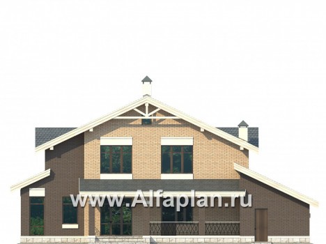 Проект дома с мансардой, план с эркером и с террасой, с гаражом и с сауной в цокольном этаже - превью фасада дома