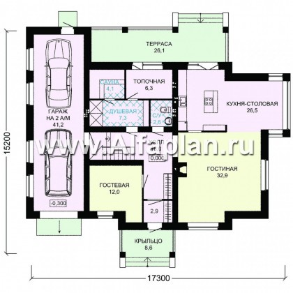 Проект дома с мансардой, план с эркером и с террасой, с гаражом и с сауной в цокольном этаже - превью план дома