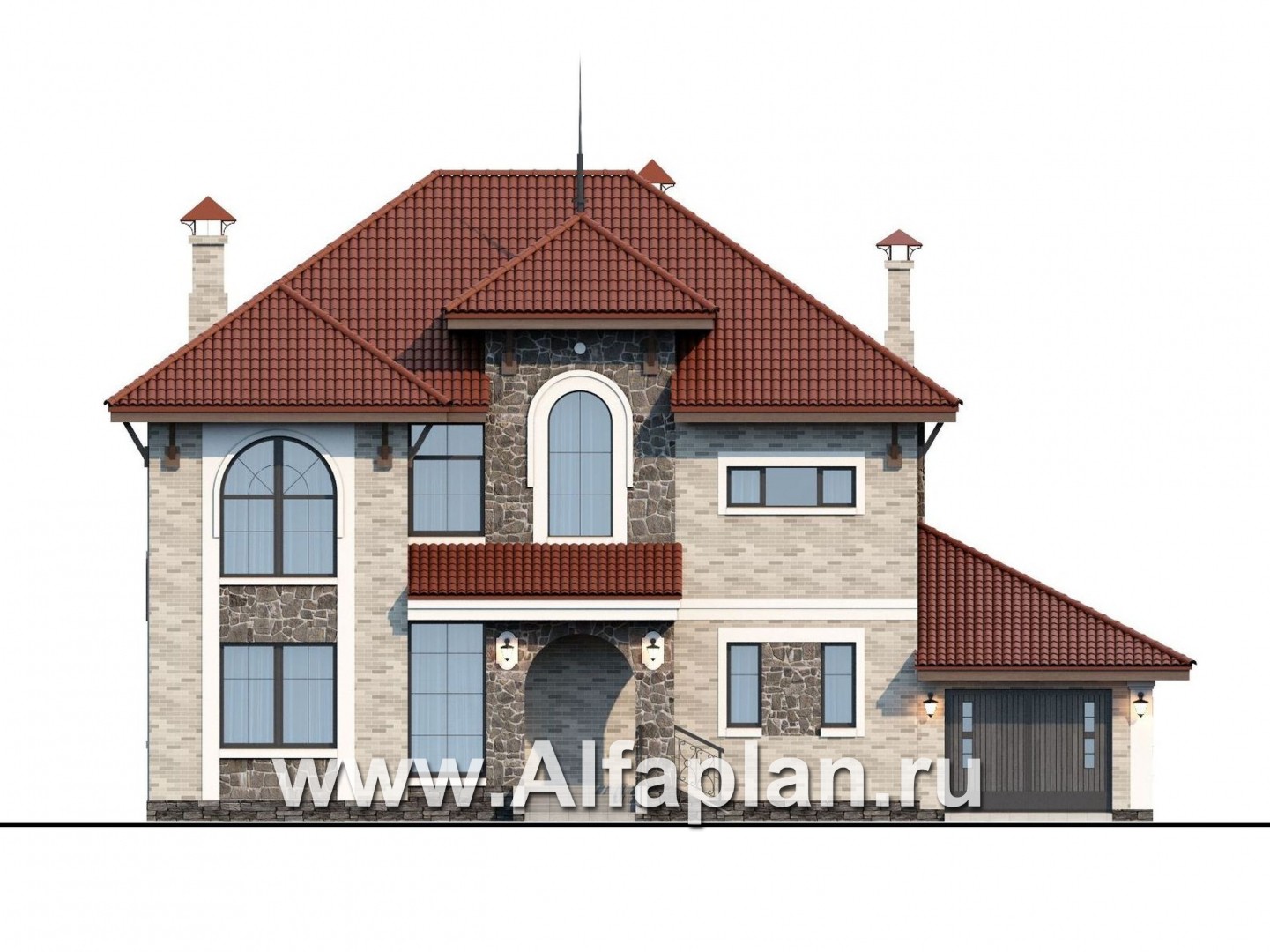 Проекты домов Альфаплан - «Айвенго» — особняк для большой семьи с жилой мансардой и гаражом - изображение фасада №1