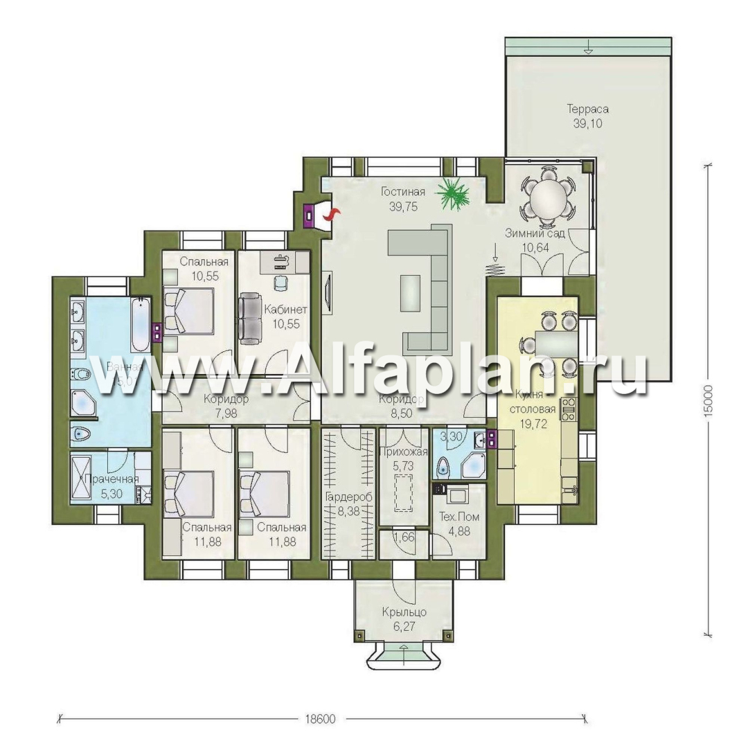 Проекты домов Альфаплан - «Поместье» - одноэтажный дом с удобной планировкой - изображение плана проекта №1