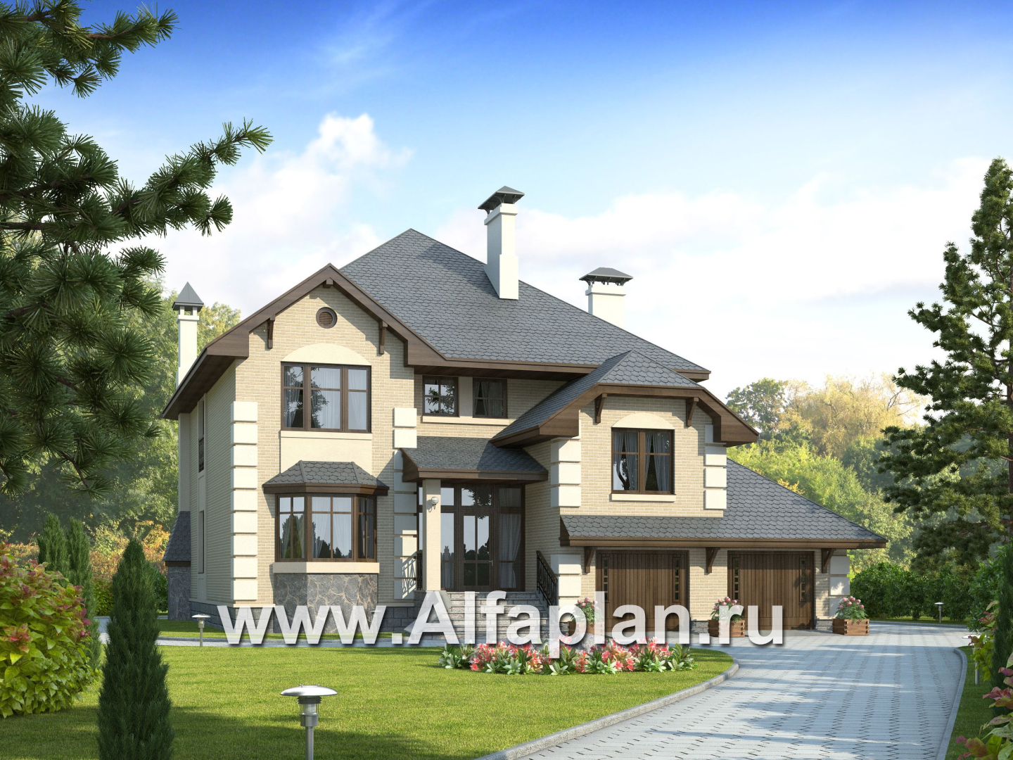 Проекты домов Альфаплан - «Эвридика» - красивый загородный дом с гаражом на две машины - основное изображение