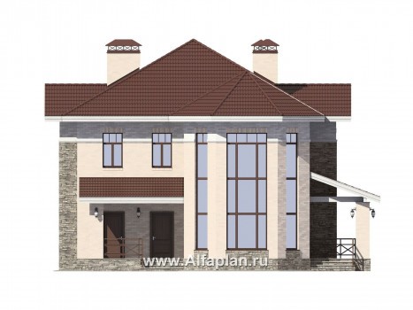 Проект двухэтажного дома, планировка со вторым светом и с эркером, мастер спальня, с террасой - превью фасада дома