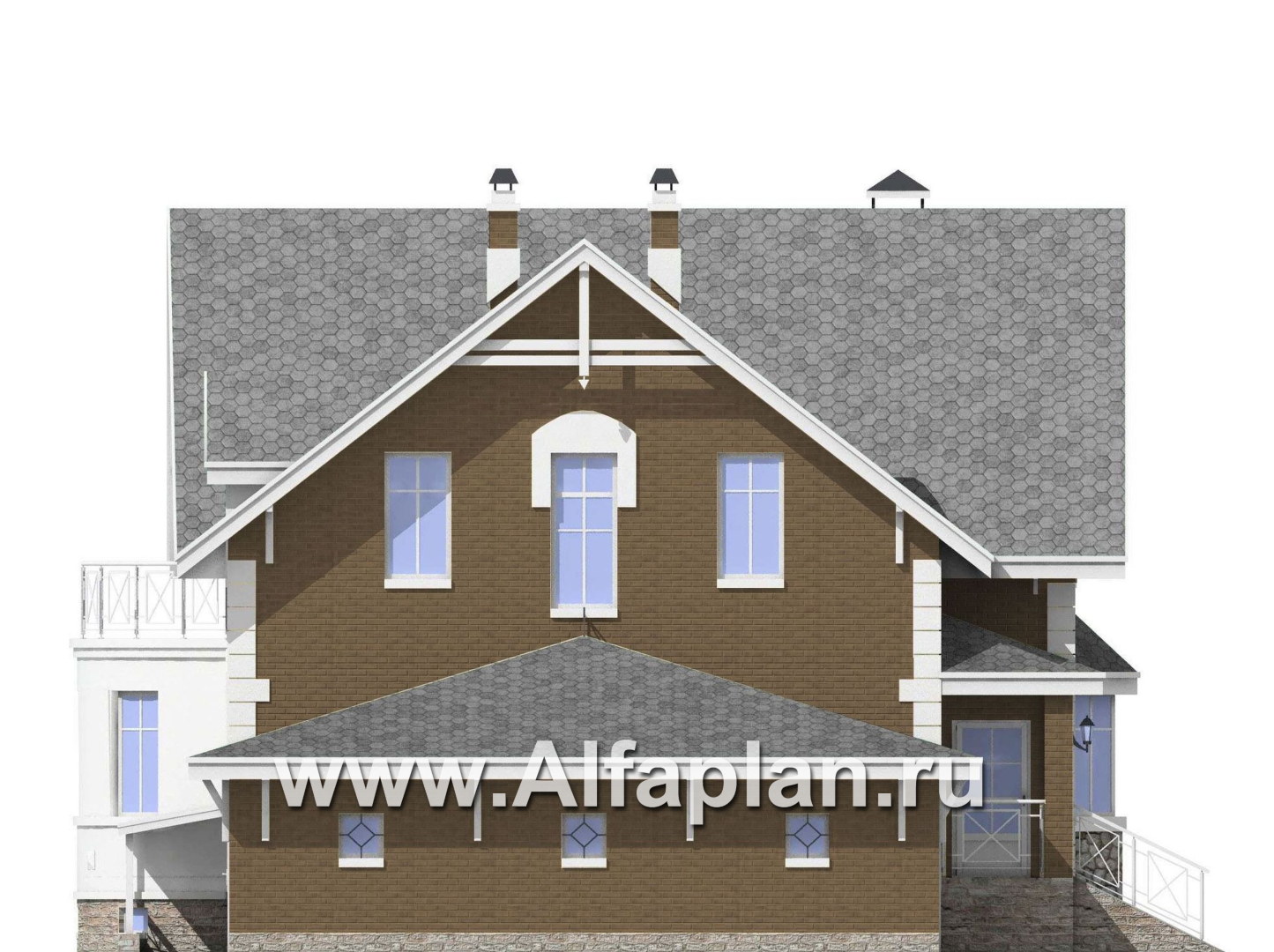 Проекты домов Альфаплан - «Ретростилиса Плюс» - проект двухэтажного дома, с террасой, с гаражом и с цокольным этажом - изображение фасада №3