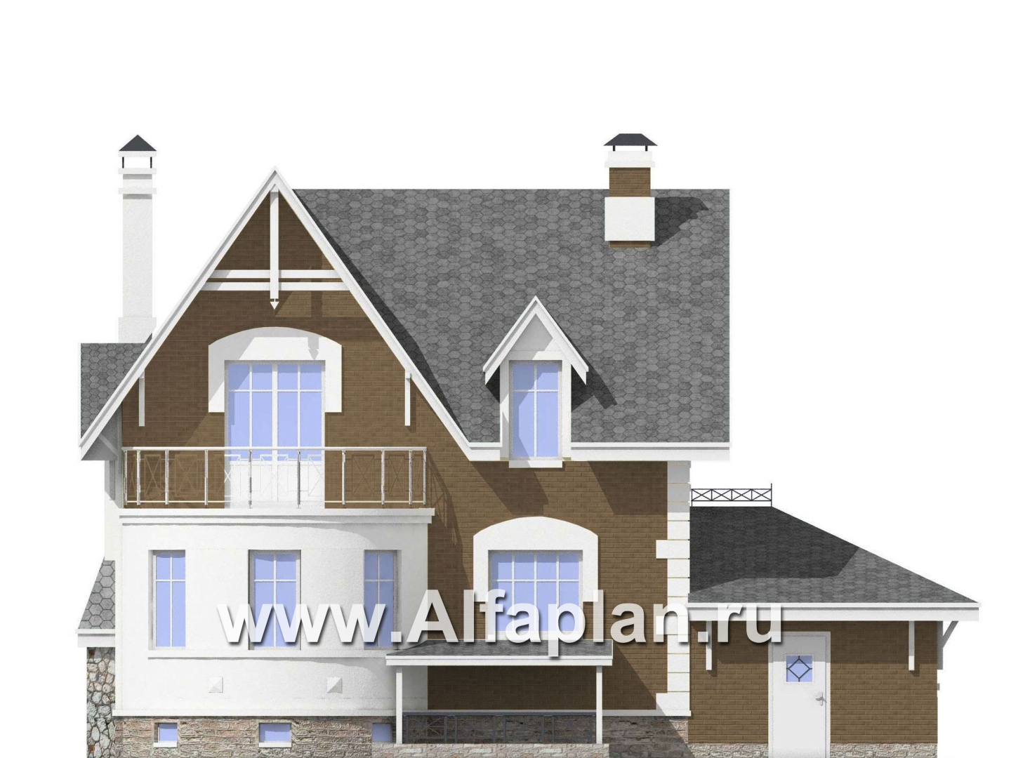 Проекты домов Альфаплан - «Ретростилиса Плюс» - проект двухэтажного дома, с террасой, с гаражом и с цокольным этажом - изображение фасада №4