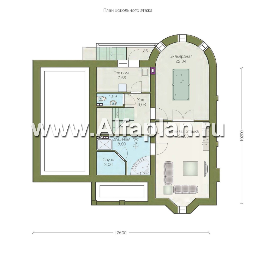 Проекты домов Альфаплан - «Ретростилиса Плюс» - проект двухэтажного дома, с террасой, с гаражом и с цокольным этажом - изображение плана проекта №1