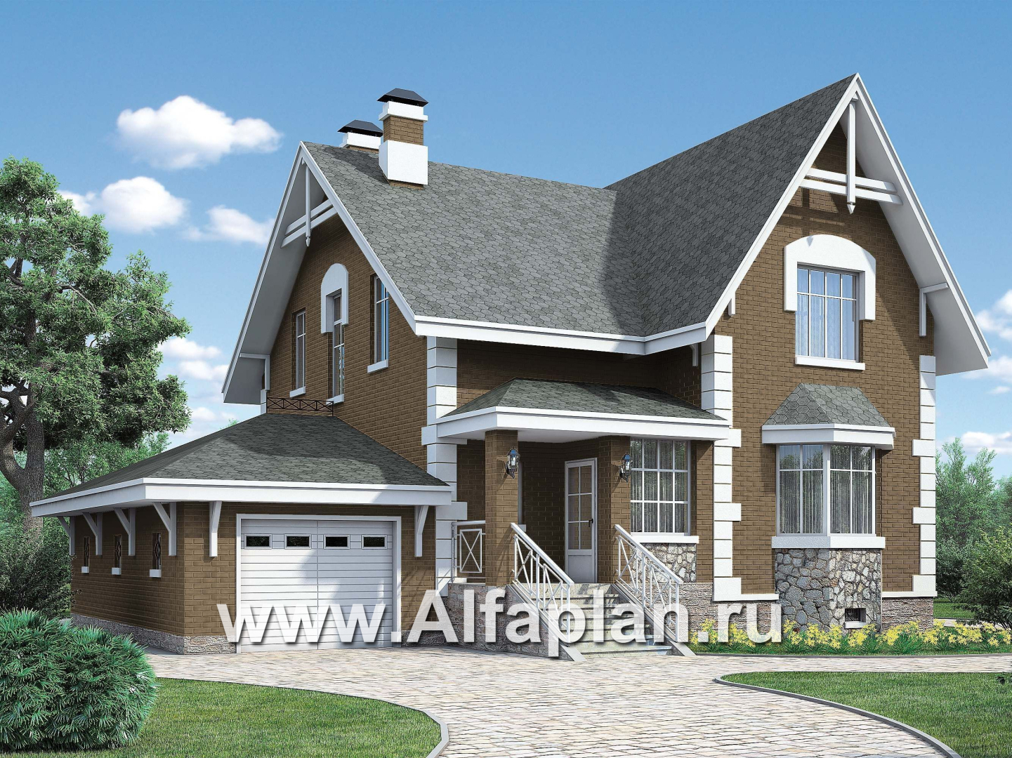 Проекты домов Альфаплан - «Ретростилиса Плюс» - проект двухэтажного дома, с террасой, с гаражом и с цокольным этажом - основное изображение