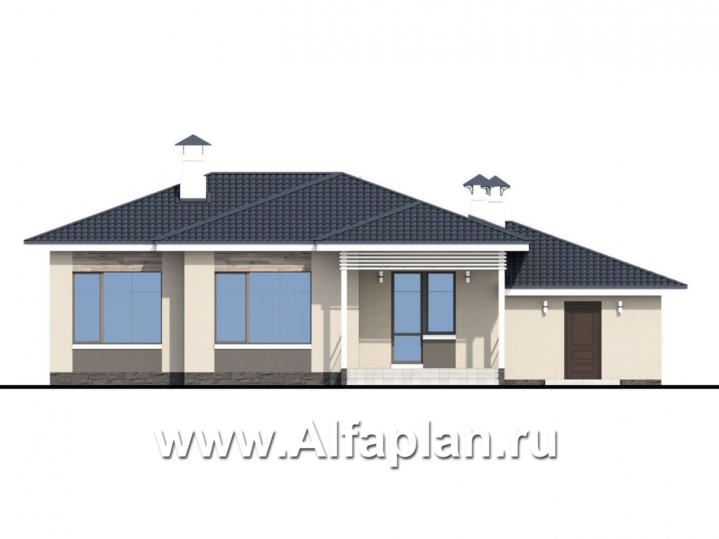 Проекты домов Альфаплан - «Бирюса» - одноэтажный коттедж для небольшой семьи, с теплым гаражом - изображение фасада №4