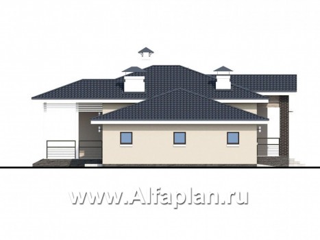 Проекты домов Альфаплан - «Бирюса» - одноэтажный коттедж для небольшой семьи, с теплым гаражом - превью фасада №3