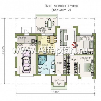Проекты домов Альфаплан - «Бирюса» - одноэтажный коттедж для небольшой семьи, с теплым гаражом - превью плана проекта №2