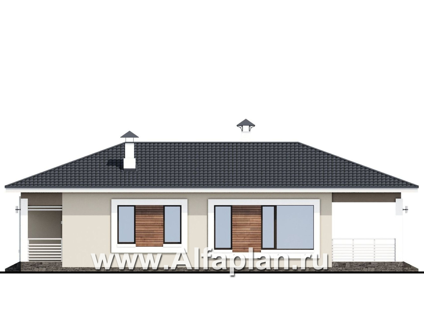 Проекты домов Альфаплан - «Каллиопа» - одноэтажный дом для узкого участка с двумя спальнями - изображение фасада №2