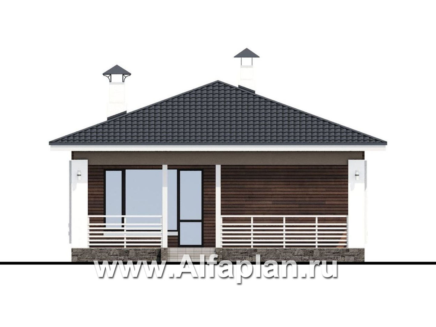 Проекты домов Альфаплан - «Каллиопа» - одноэтажный дом для узкого участка с двумя спальнями - изображение фасада №4