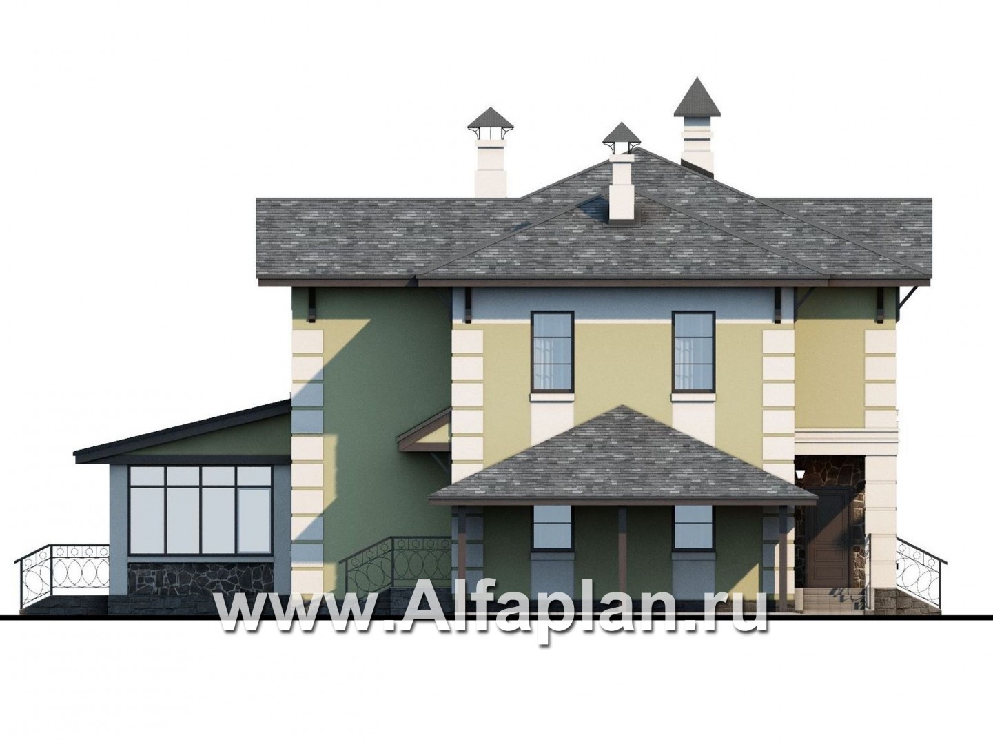Проекты домов Альфаплан - «Рождествено» - коттедж с большой верандой и навесом для машины - изображение фасада №3
