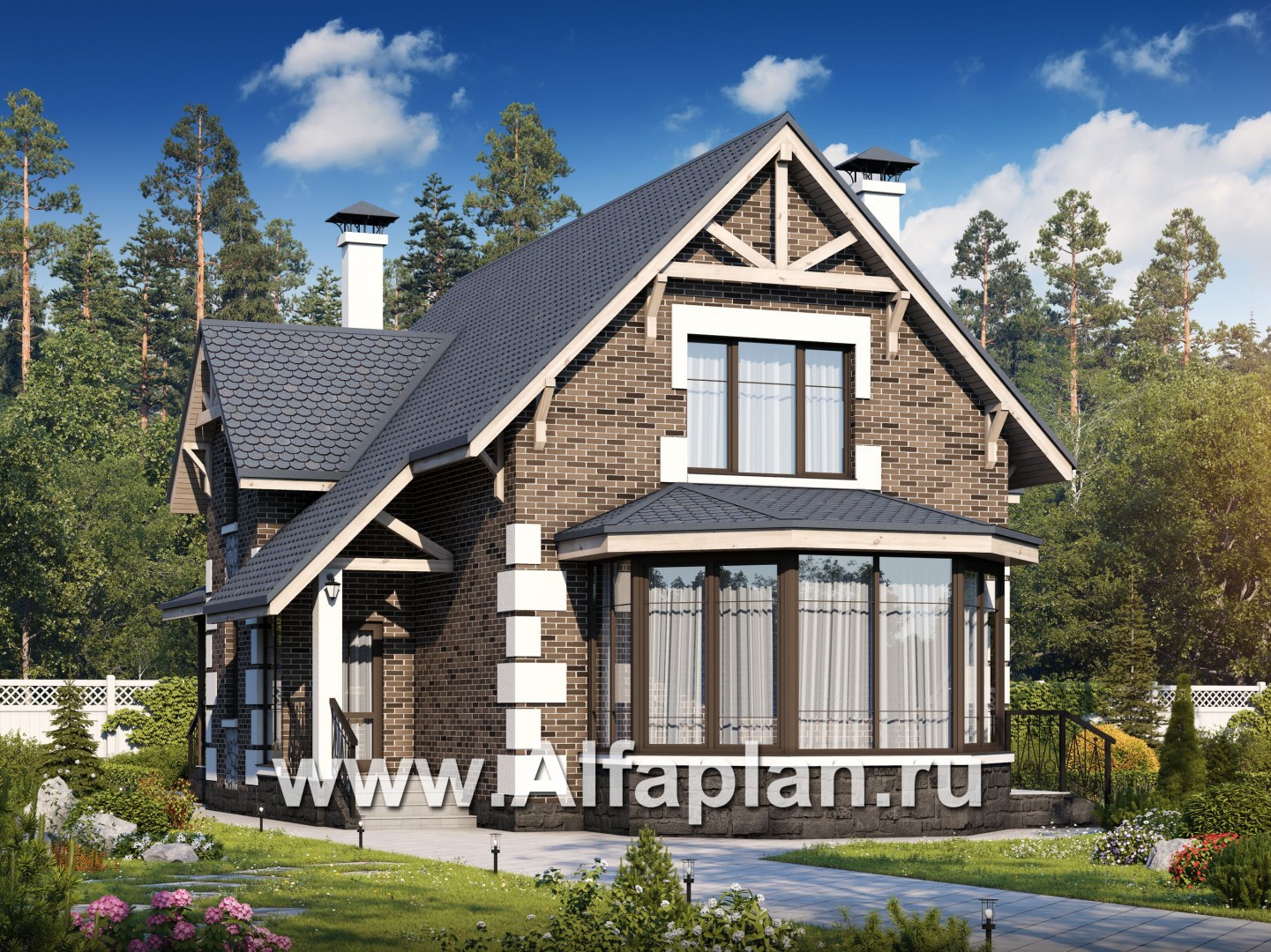 Проекты домов Альфаплан - «Малая Родина» - компактный дом с красивой верандой - основное изображение